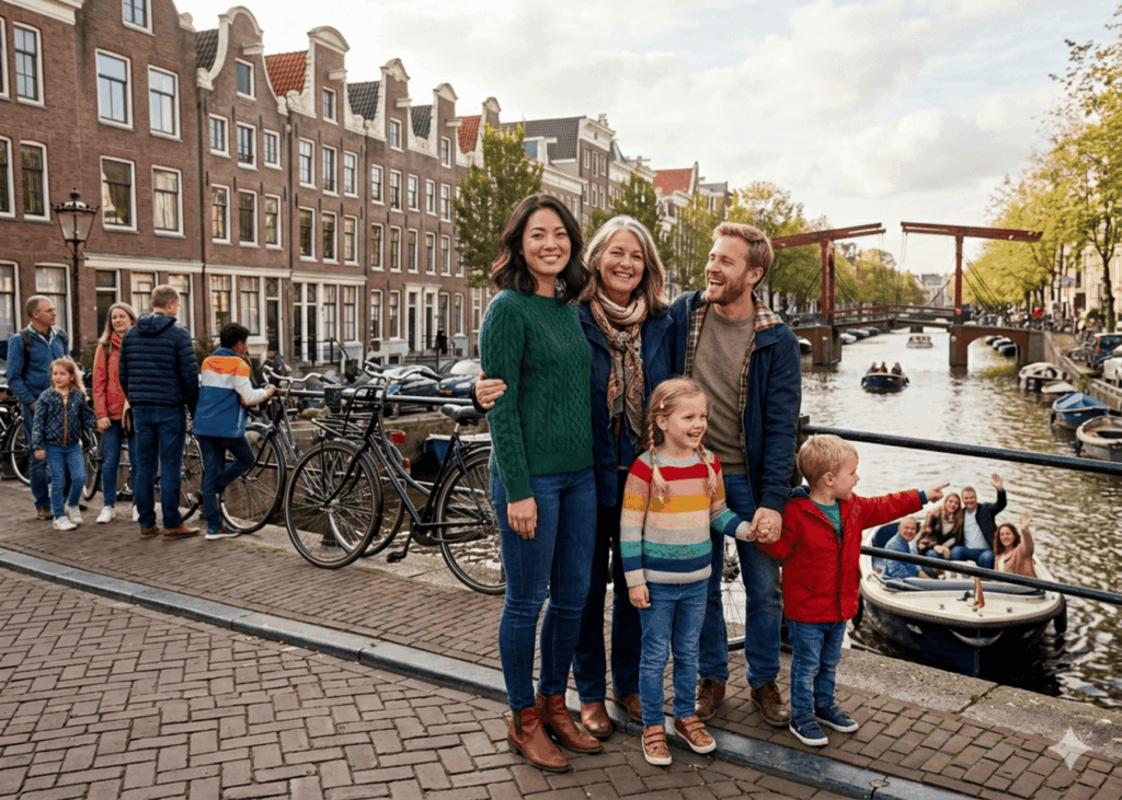familia-con-hijos-y-abuela-posando-en-un-puente-de-amsterdam