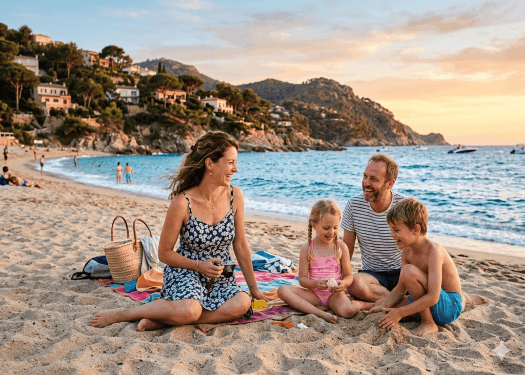 madre-rubia-tumbada-en-la-arena-de-una-playa-con-su-marido-y-sus-hijos