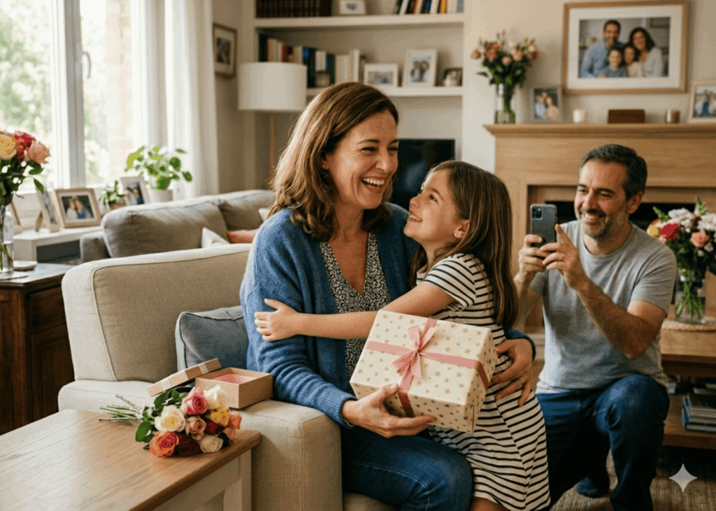 mujer-recibiendo-regalo-del-dia-de-la-madre-de-su-hija-ante-su-marido-que-les-hace-una-foto