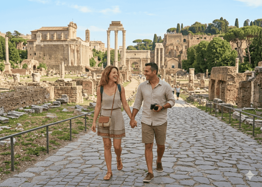 pareja-feliz-caminando-de-la-mano-con-el-foro-romano-de-fondo