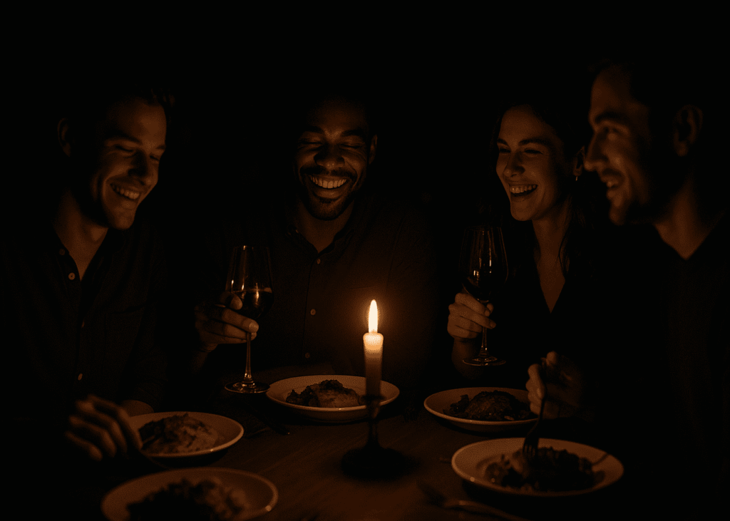 grupo-de-amigos-cenando-en-la-oscuridad-iluminados-por-velas-en-un-restaurante