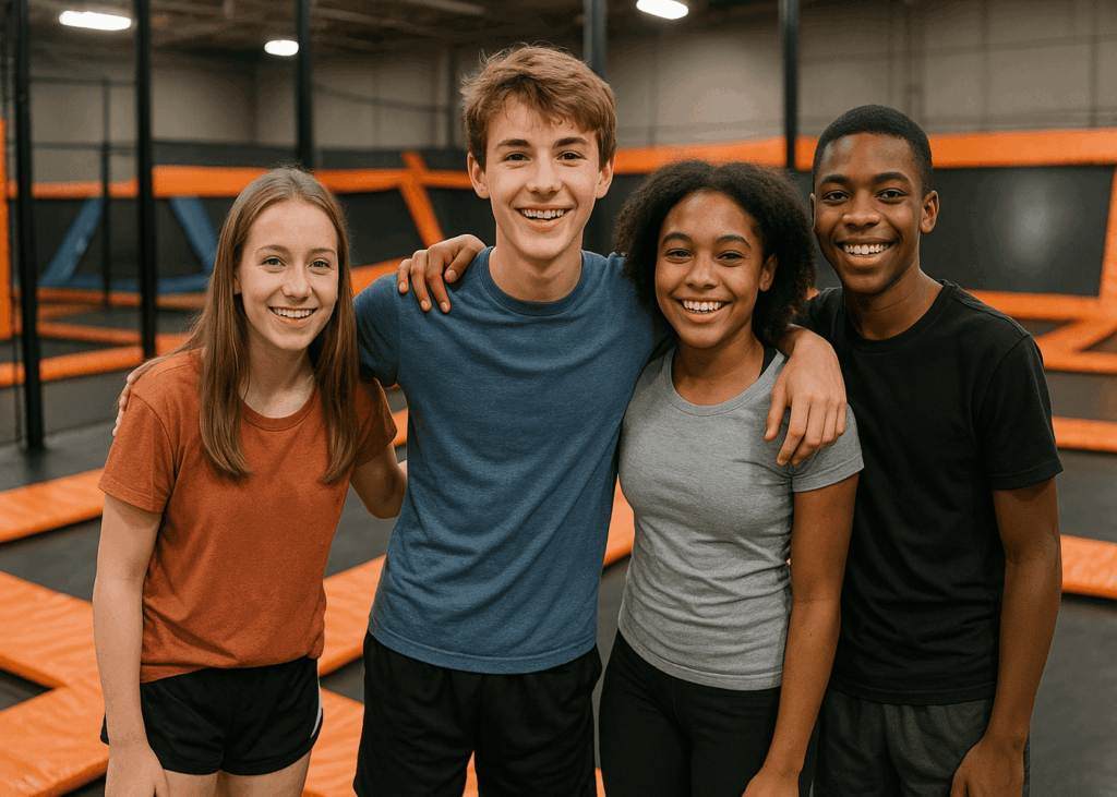grupo-de-amigos-que-posan-sonriendo-en-un-trampoline-park