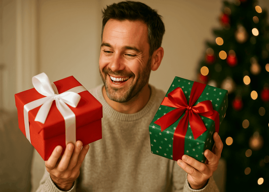 hombre-que-sonrie-sujetando-un-regalo-de-navidad-en-cada-mano