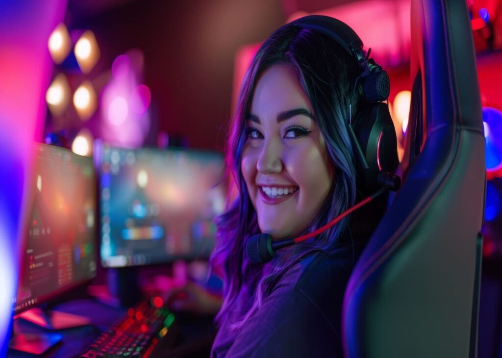 joven-mujer-que-sonríe-con-auriculares-en-la-cabeza-delante-de-ordenadores