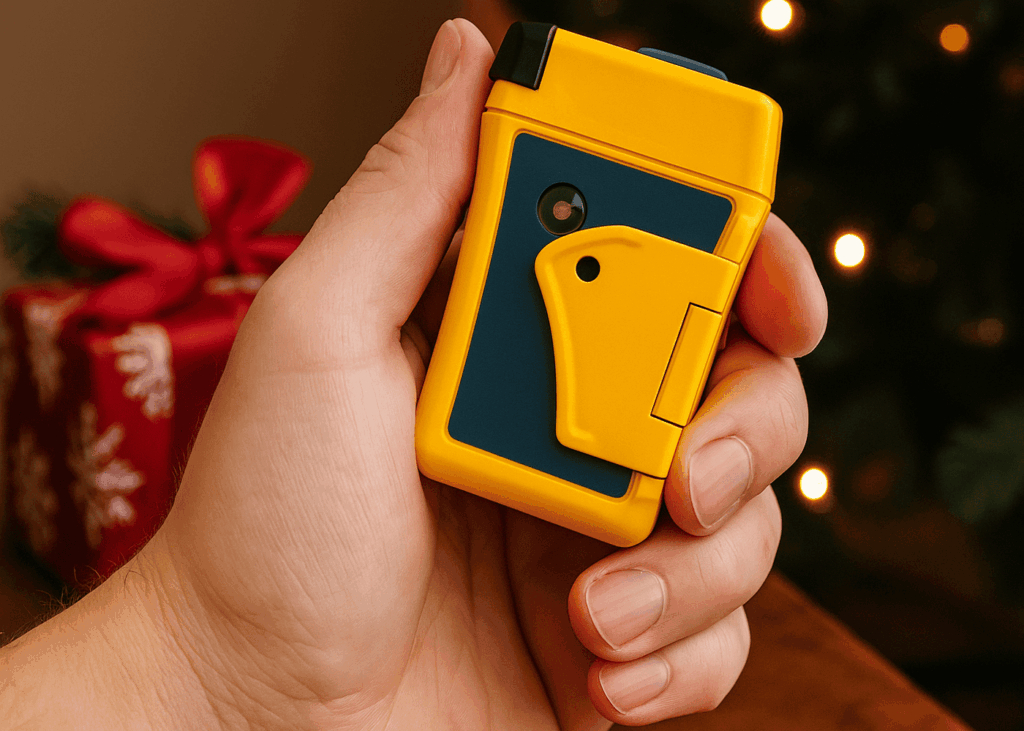 mano-de-hombre-que-sostiene-una-baliza-de-socorro-con-regalo-y-árbol-de-navidad-al-fondo