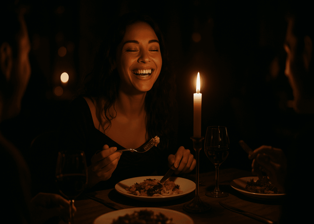 mujer-feliz-que-cena-en-un-restaurante-a-oscuras
