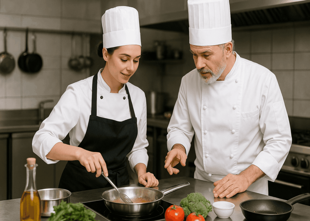 mujer-que-recibe-una-clase-de-cocina-con-un-chef-en-una-cocina-profesional