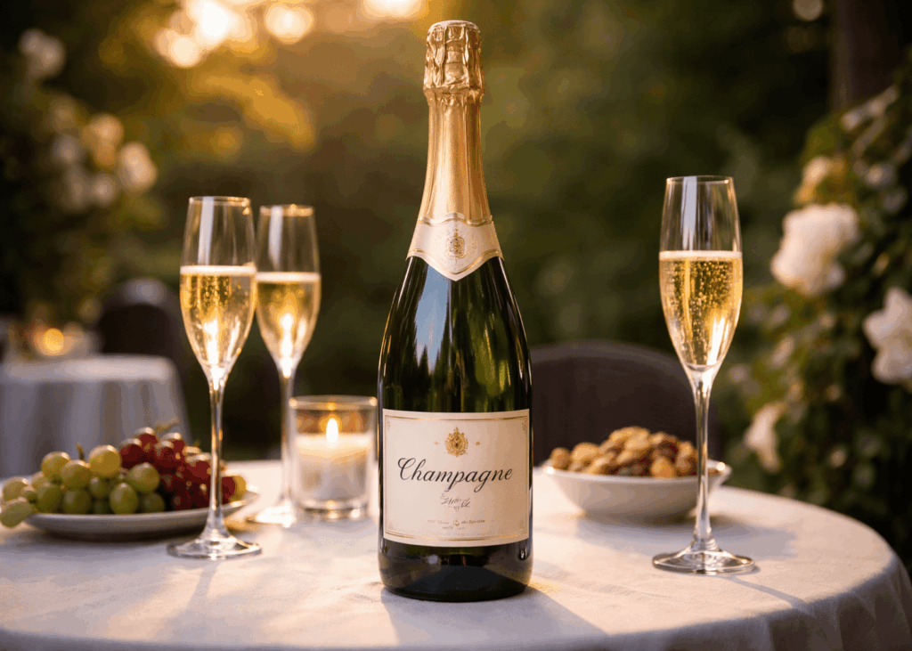 botella-de-champan-colocada-sobre-una-mesa-con-mantel-blanco-al-lado-de-copas-llenas