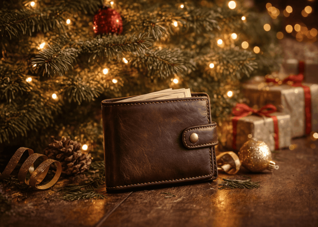 cartera-de-cuero-al-pie-de-un-árbol-de-navidad