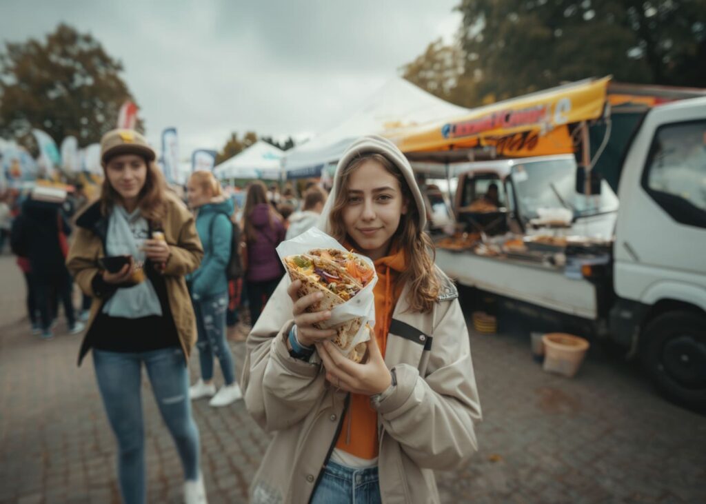 chica-joven-que-come-un-wrap-grande-que-viene-de-un-food-truck