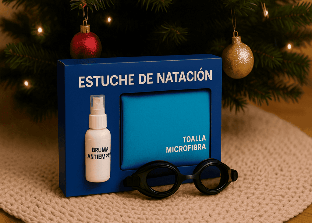 estuche-con-accesorios-de-natación-colocado-al-pie-de-un-árbol-de-Navidad