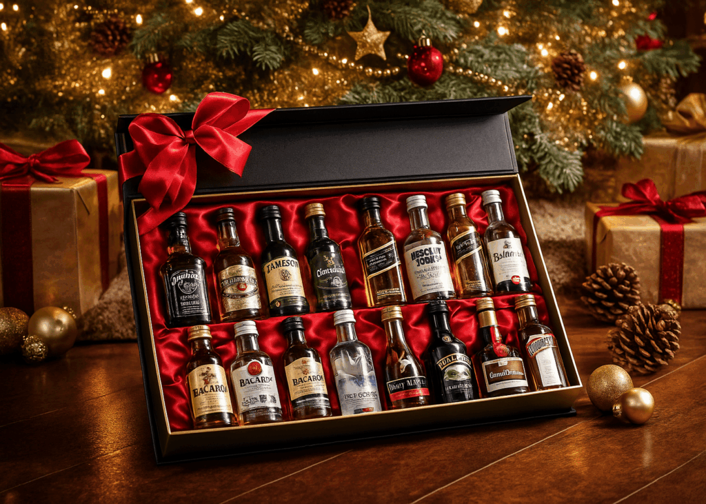 estuche-regalo-de-pequeñas-botellas-de-alcohol-al-pie-de-un-árbol-de-navidad