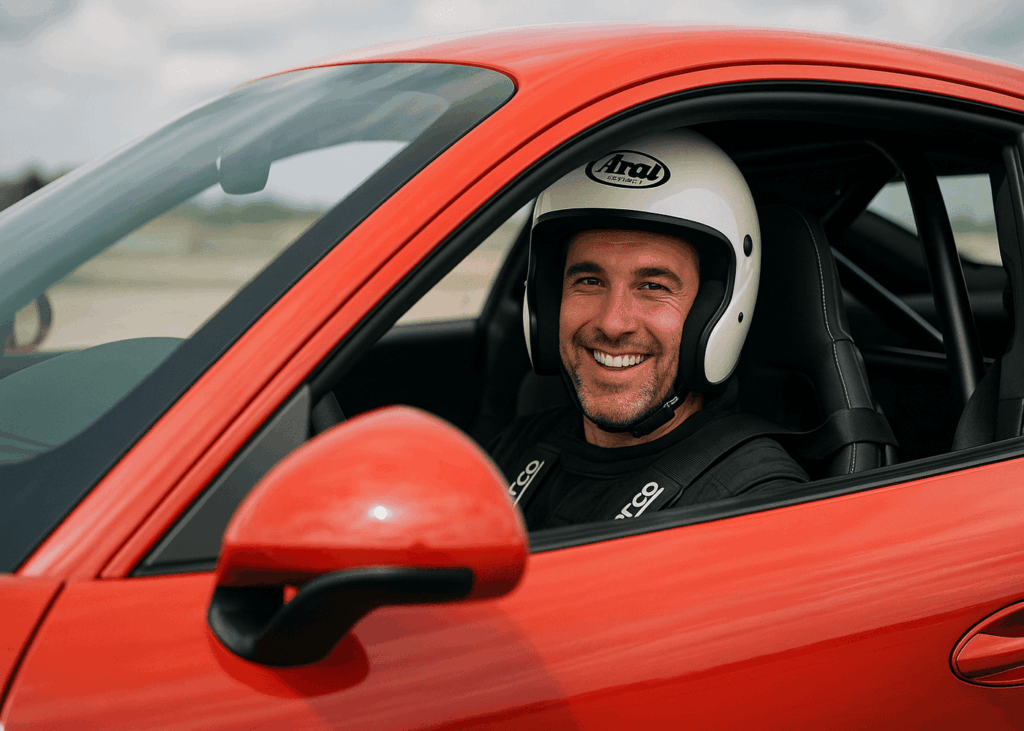 hombre-con-casco-que-sonríe-en-un-coche-rojo-para-un-curso-de-conducción