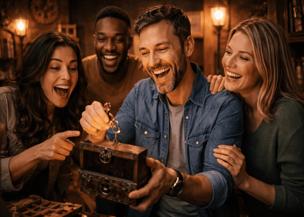 hombre-contento-rodeado-de-sus-amigos-que-abre-un-cofre-durante-un-escape-room