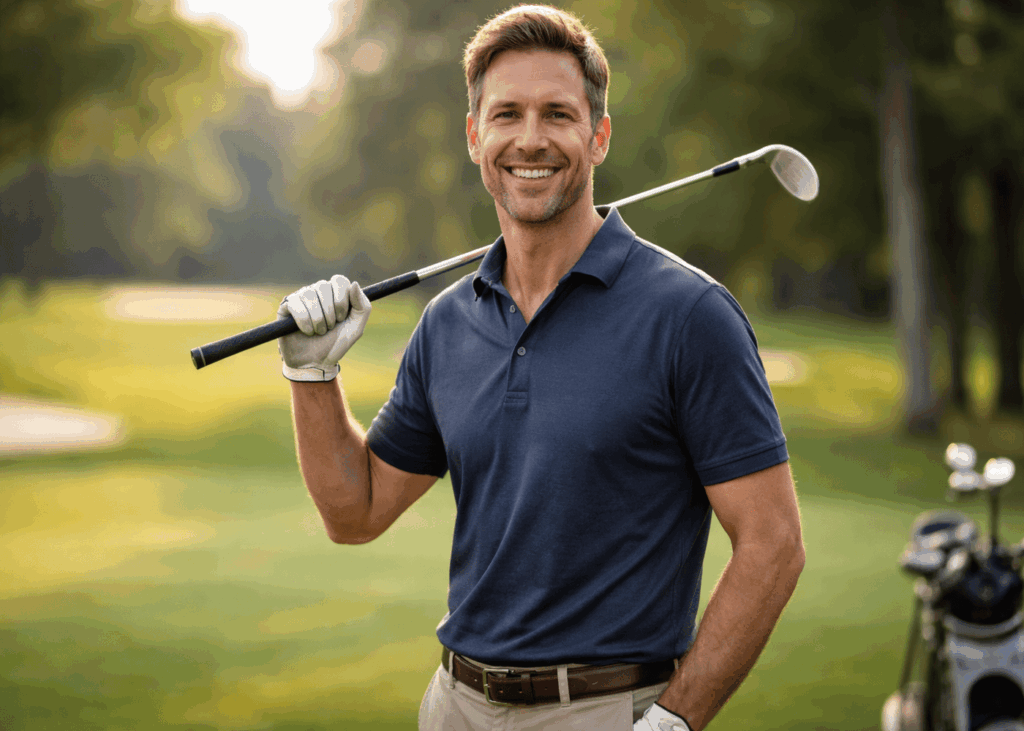 hombre-en-polo-que-sostiene-su-driver-en-la-mano-en-un-campo-de-golf
