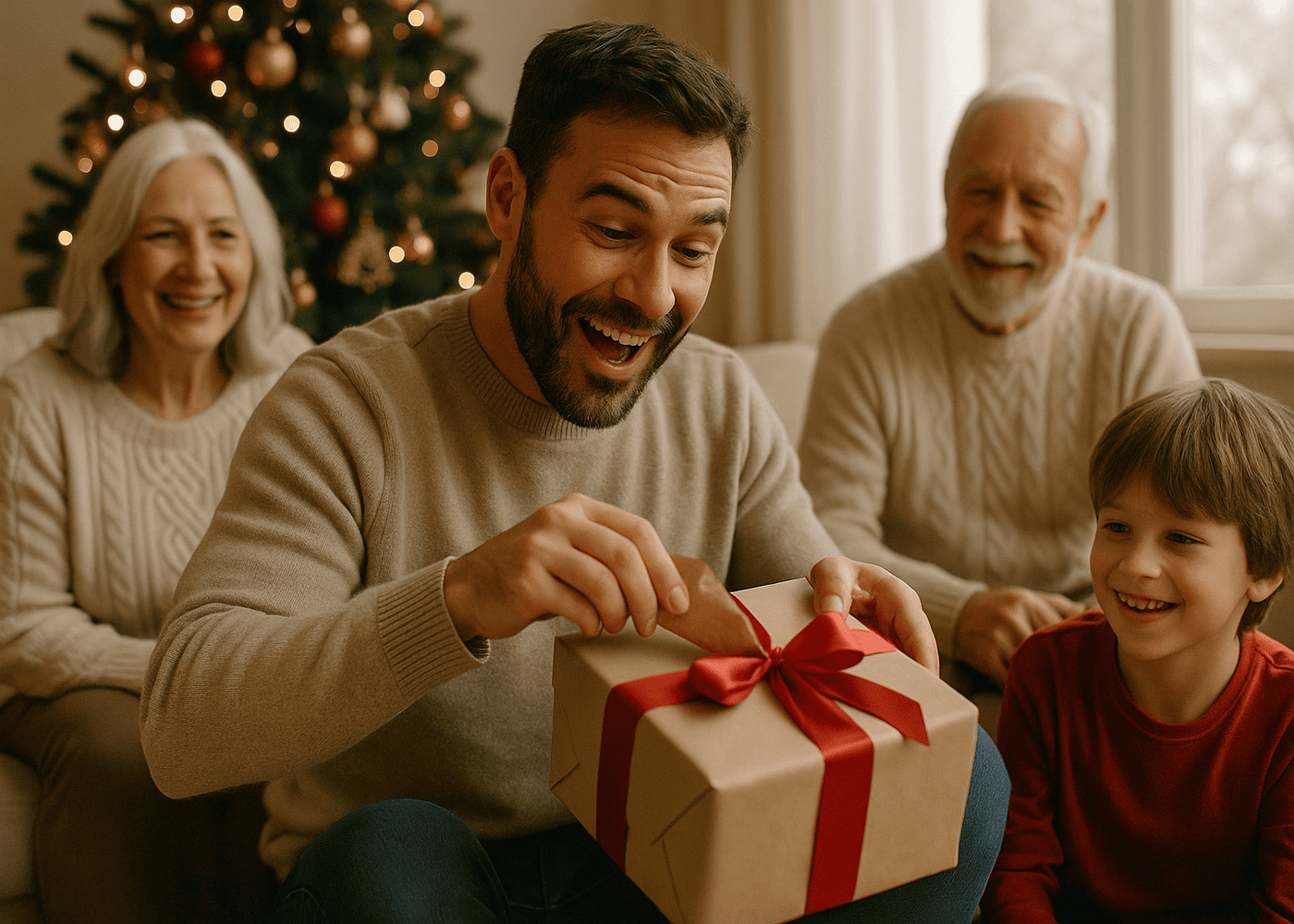 hombre-feliz-que-abre-su-regalo-de-navidad-en-compañía-de-su-familia