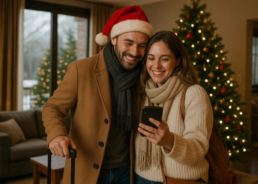 Pareja feliz preparando una escapada de Navidad - regalo perfecto para padres viajeros