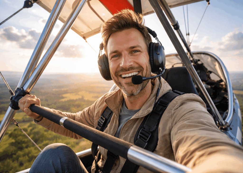 hombre-que-se-toma-un-selfi-sonriendo-mientras-hace-un-vuelo-en-ULM