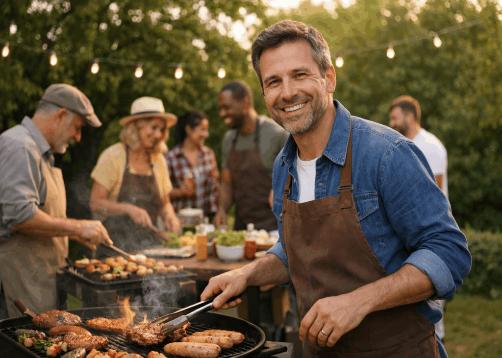 hombre-que-sonrie-mientras-hace-una-barbacoa-rodeado-de-otras-personas
