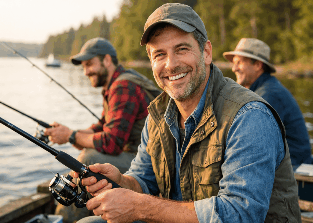 hombre-que-sonríe-mientras-pesca-en-un-lago-con-amigos