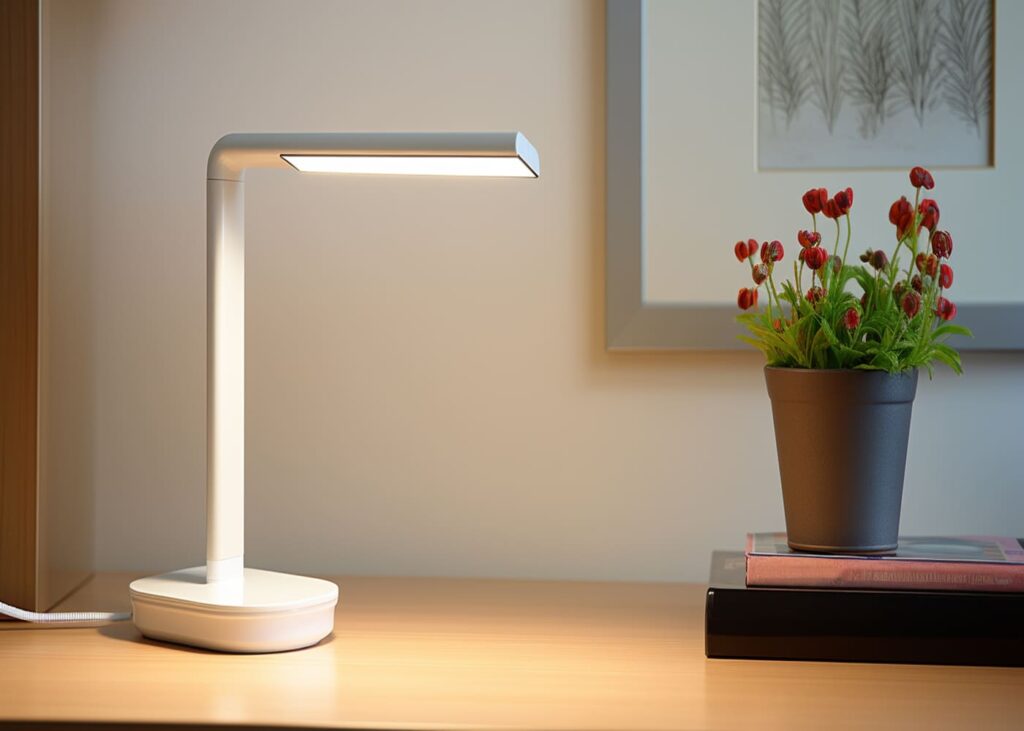 lampara-led-sobre-un-escritorio-con-una-planta