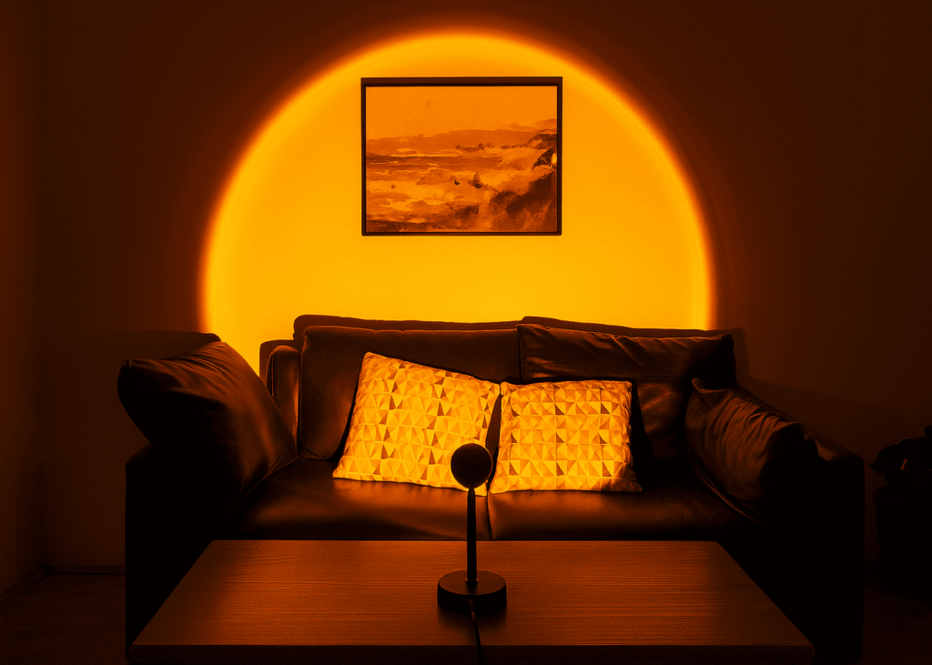 lampara-que-proyecta-un-efecto-atardecer-en-un-salon-a-oscuras