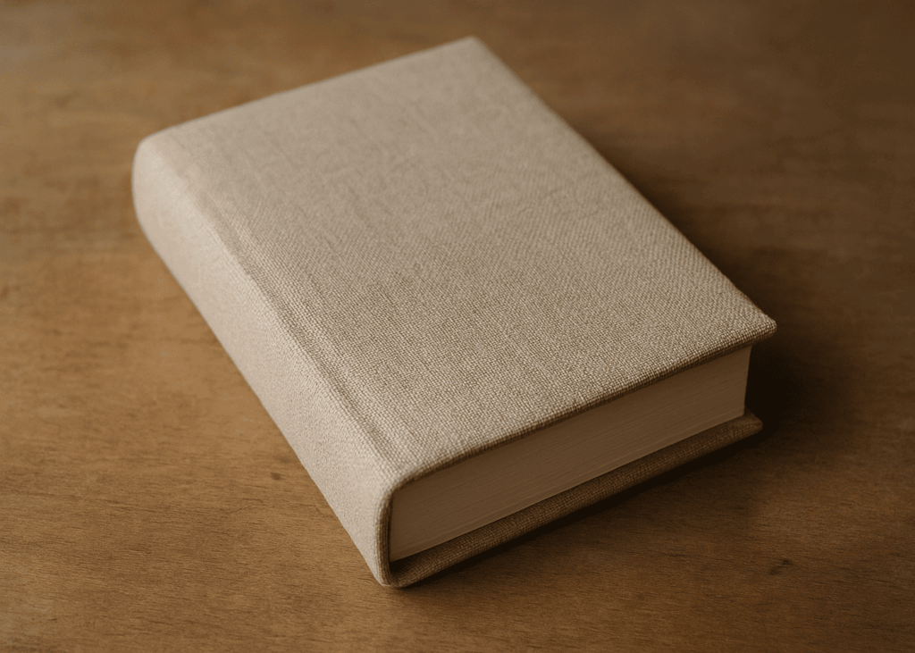 libro-con-una-funda-de-tela-beige-sobre-una-mesa