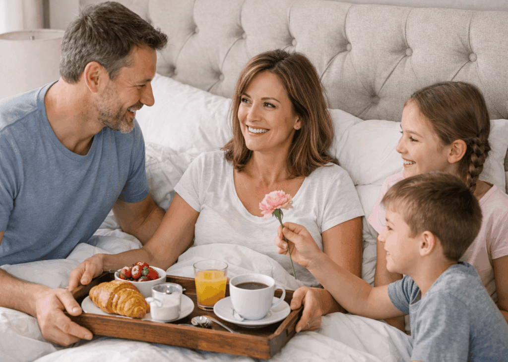 marido-e-hijos-que-llevan-el-desayuno-a-la-cama-a-la-madre-de-familia