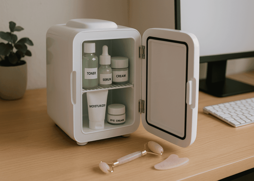 mini-nevera-para-productos-de-skincare-colocada-sobre-un-escritorio