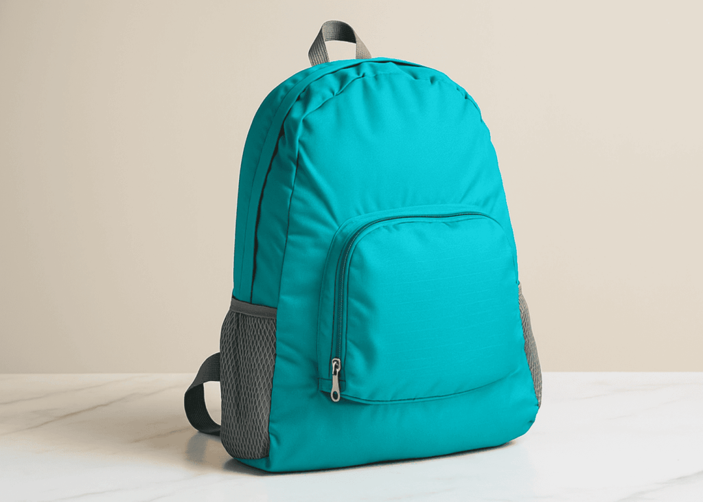 mochila-plegable-azul-turquesa-sobre-una-mesa-blanca-con-fondo-beige