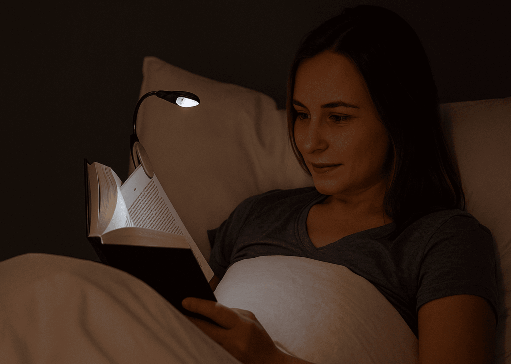 mujer-leyendo-un-libro-en-la-cama-con-una-lampara-portatil