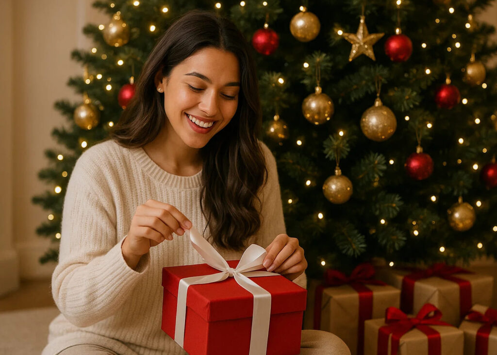 mujer-morena-que-abre-su-regalo-de-navidad-delante-de-su-árbol
