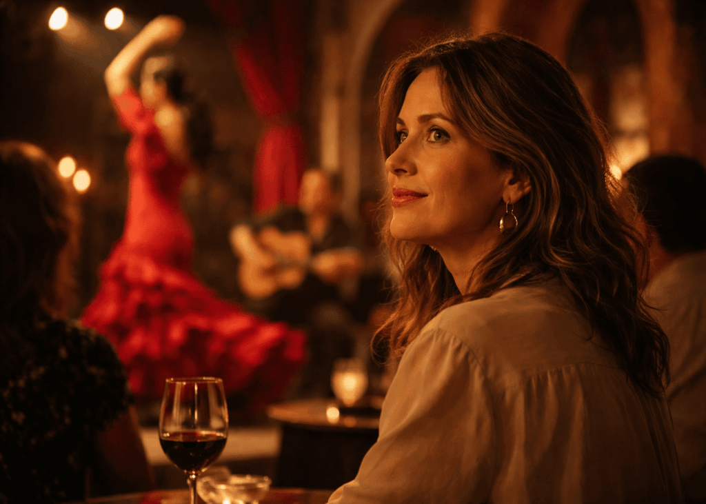 mujer-que-asiste-a-un-espectaculo-de-flamenco-sentada-a-una-mesa-con-una-copa-de-vino-tinto