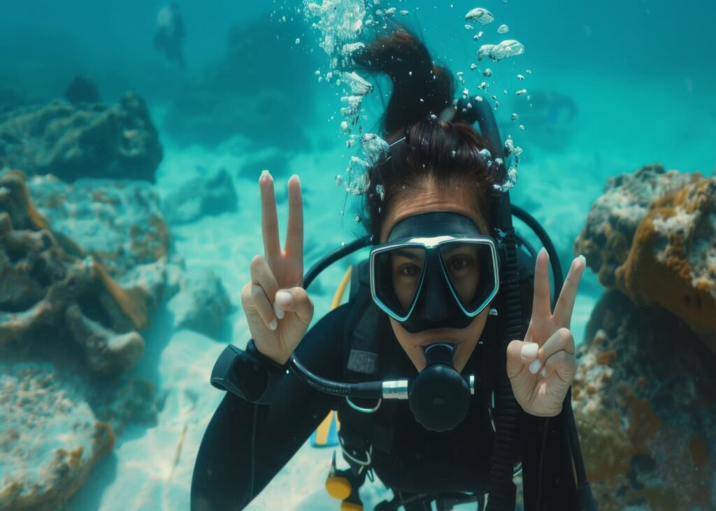 mujer-que-hace-el-signo-de-paz-con-las-manos-durante-su-sesion-de-buceo