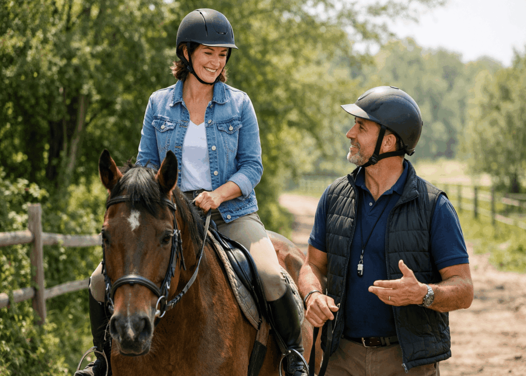 mujer-que-monta-a-caballo-con-un-instructor-al-lado-a-pie