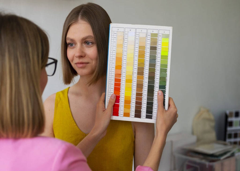 mujer-que-realiza-un-análisis-de-colorimetría-a-otra-mujer
