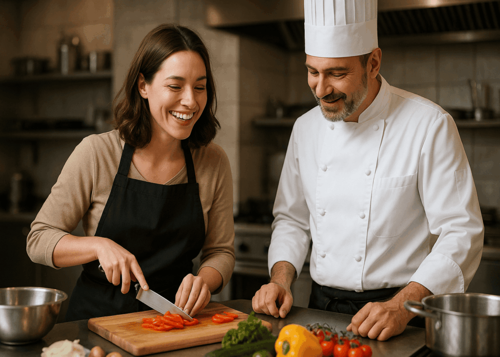 mujer-que-recibe-un-curso-de-cocina-con-un-chef