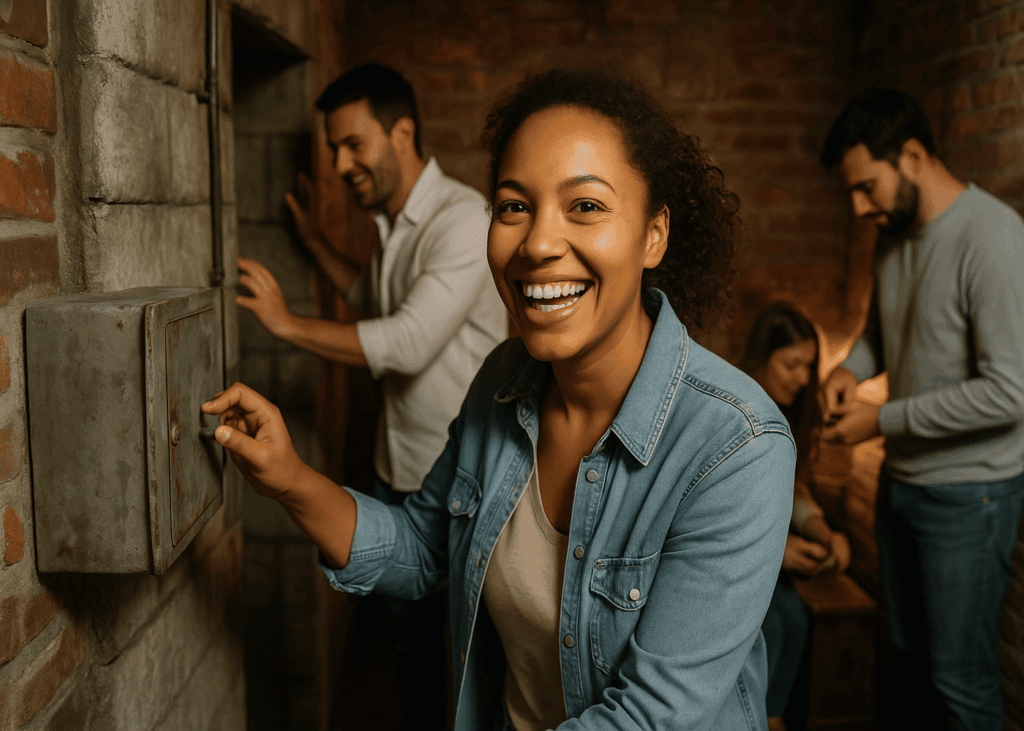 mujer-que-sonrie-en-plena-partida-de-escape-room-con-sus-amigos