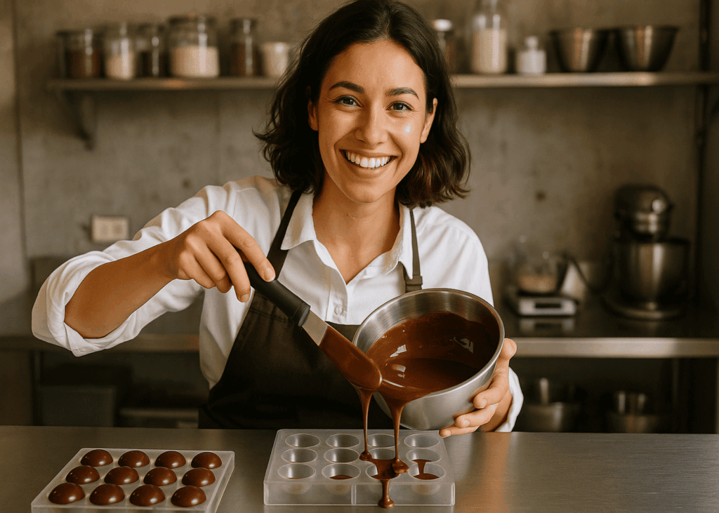 mujer-que-sonríe-mientras-hace-un-taller-de-chocolate