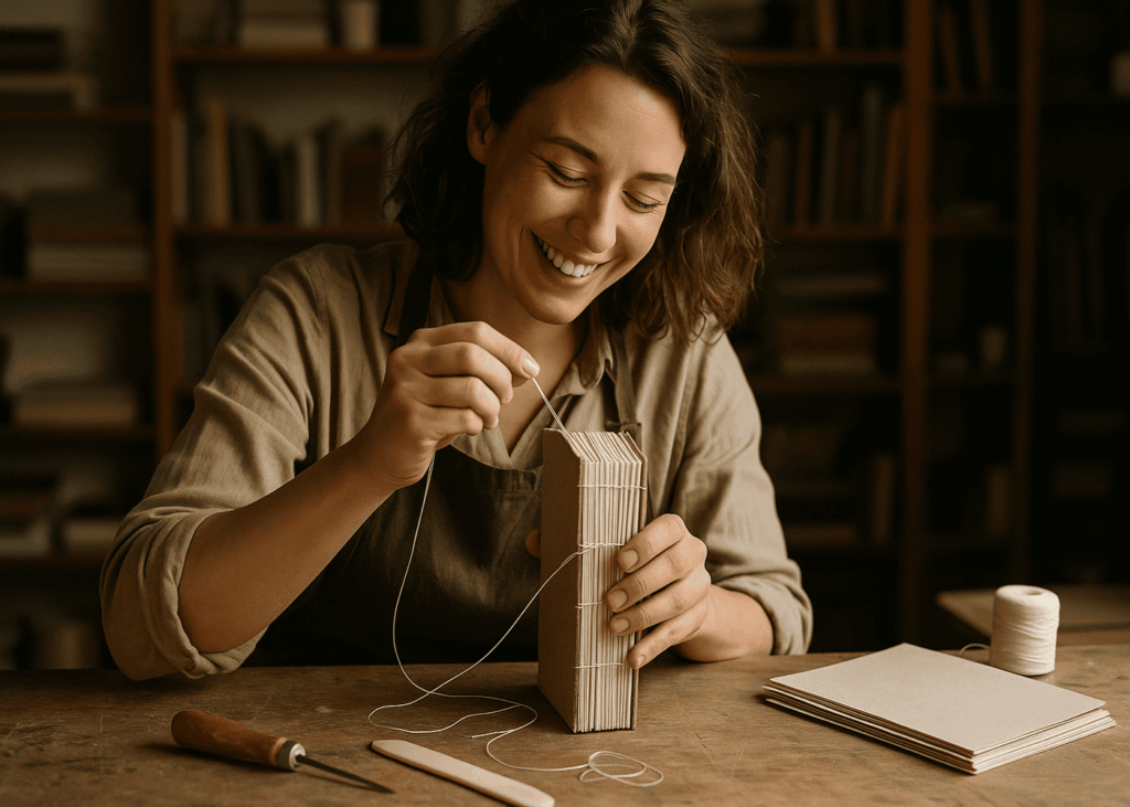 mujer-que-sonríe-mientras-hace-un-taller-en-torno-a-un-libro