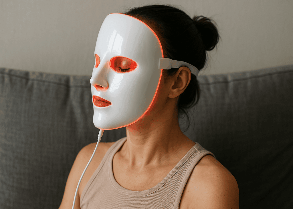 mujer-que-utiliza-una-mascarilla-de-belleza-led-en-su-sofá