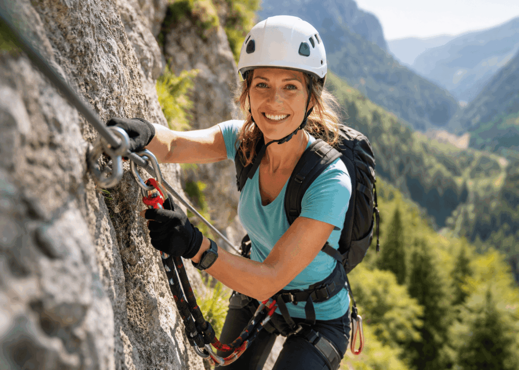 mujer-sonriente-que-hace-via-ferrata-contra-una-pared-rocosa