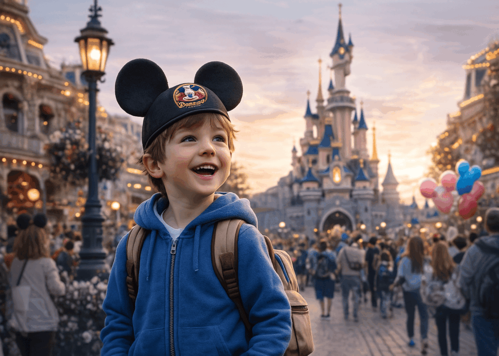 niño-pequeño-que-sonríe-frente-al-castillo-de-disneyland
