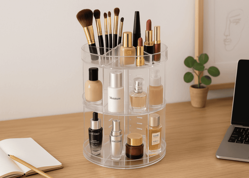 organizador-de-maquillaje-giratorio-sobre-un-escritorio