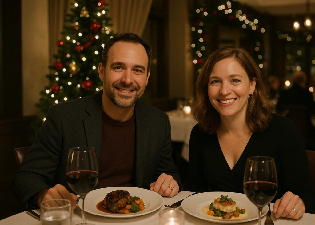 Pareja en un restaurante saboreando una cena gastronómica - idea de regalo de Navidad para padres golosos