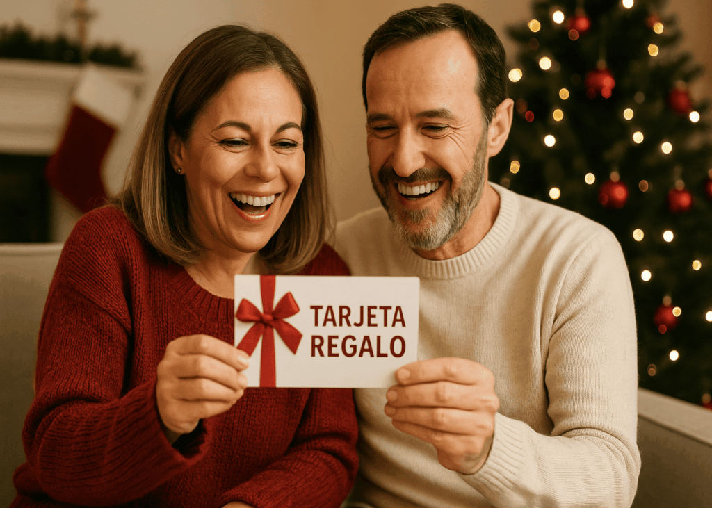 Pareja feliz sosteniendo una tarjeta regalo delante del árbol de Navidad