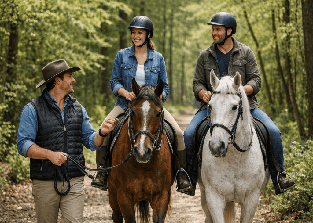 pareja-que-hace-un-paseo-a-caballo-con-un-instructor-que-los-guia-a-pie