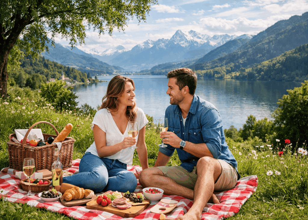 pareja-que-hace-un-picnic-sobre-el-cesped-con-la-montana-de-fondo