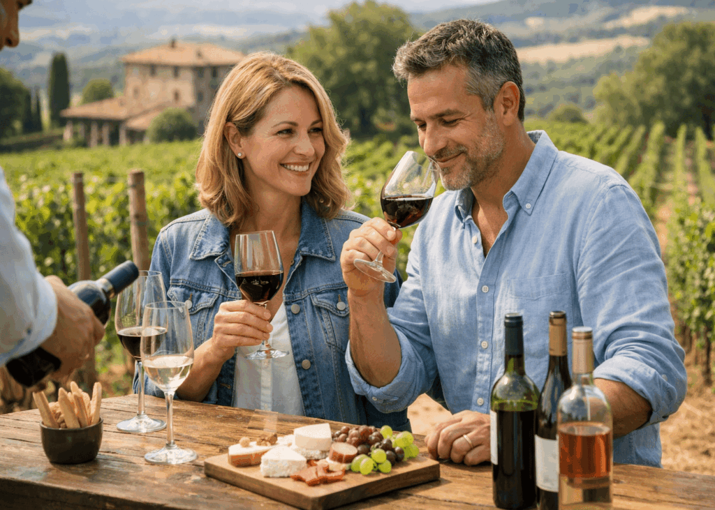 pareja-que-hace-una-degustación-de-vino-en-medio-de-los-viñedos
