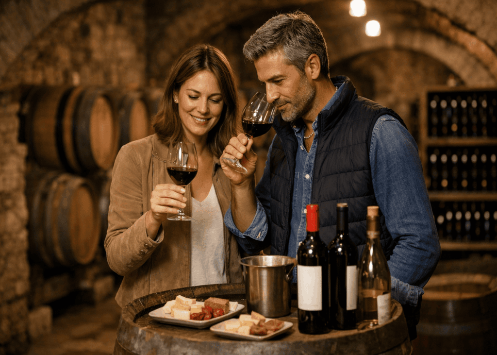 pareja-que-hace-una-degustacion-de-vino-en-una-bodega-profesional